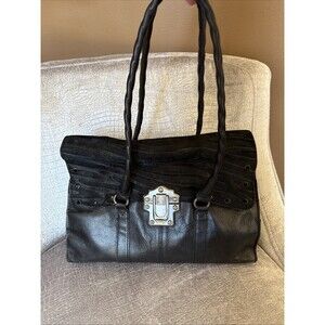 Patricia Nash Vienna Black Zebra Haircalf Leather Satchel Purse Grommet Handbag